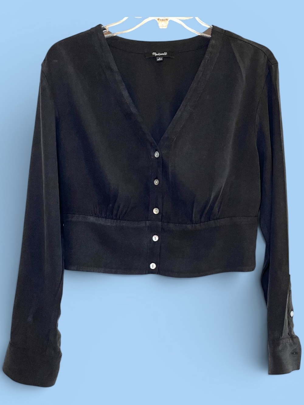 Madewell Black Cropped Long Sleeve Blouse with Banded Hem Size S
